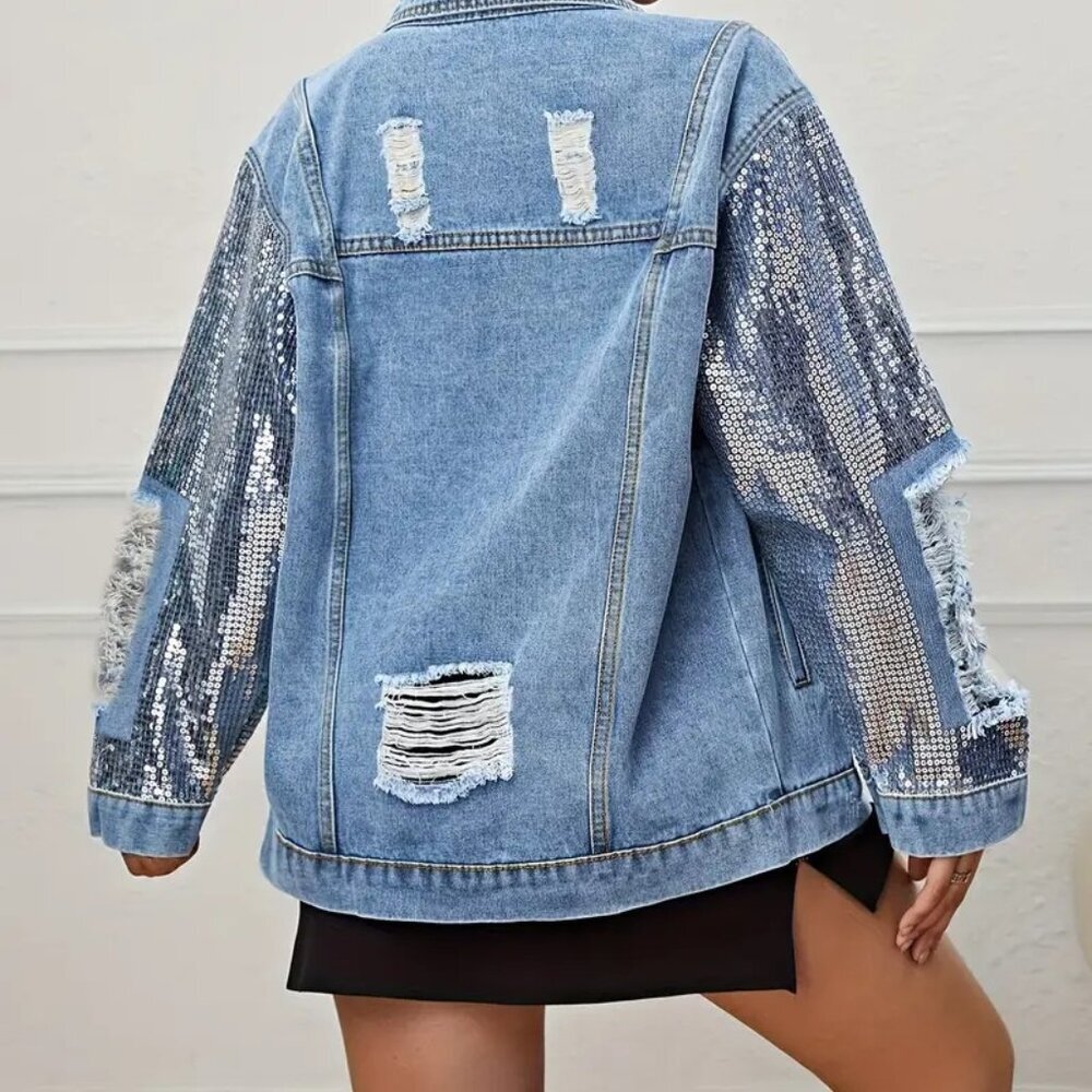 Sequin Long Sleeve Denim Jackets (Color: Blue)